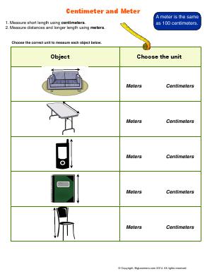 Preview image for worksheet with title Centimeter and Meter