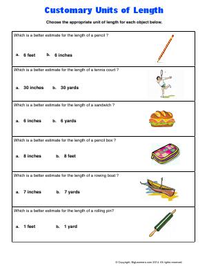 Preview image for worksheet with title Customary Units of Length