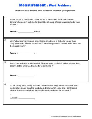 Preview image for worksheet with title Measurement : Word Problems