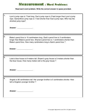 Preview image for worksheet with title Measurement : Word Problems