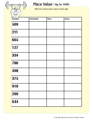 Preview image for worksheet with title Place Value : up to 1000