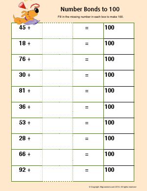Preview image for worksheet with title Number Bonds to 100