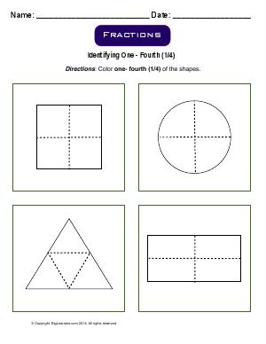 Preview image for worksheet with title Fractions - Identifying One - Fourth (1/4)