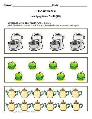 Preview image for worksheet with title Fractions - Identifying One - Fourth (1/4)